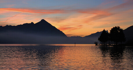 Niesen and Lake Thun at sunset, Swiss Alps.