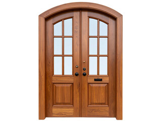  Elegant Wooden Entry Door with Curved Glass Panels – Isolated