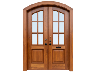  Elegant Wooden Entry Door with Curved Glass Panels – Isolated