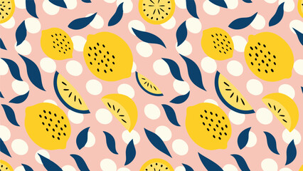 Seamless pattern with lemons, lemon slices, leaves, and white dots on a pink background