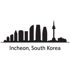 Fototapeta premium Incheon skyline horizontal banner. Incheon, South Korea. Vector template for your design. Vector black silhouette. with white background