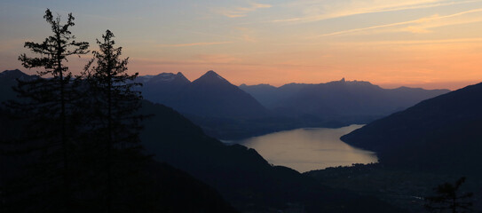 Outlines of Mount Niesen, Stockhorn and others. Lake Thun, Switzerland.
