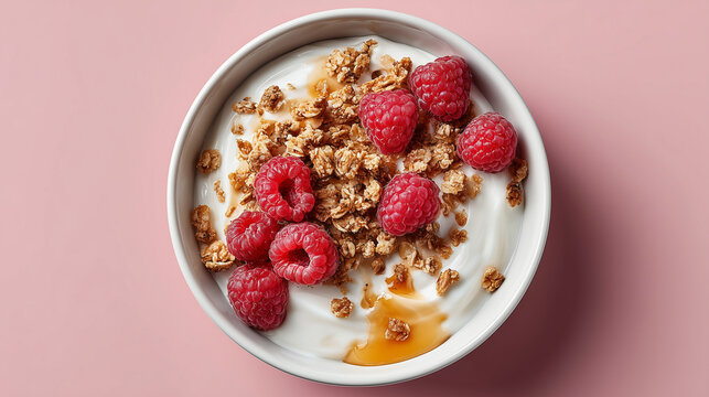 White bowl with yogurt, granola, raspberries on pink background. Perfect for healthy eating, breakfast concept, food blogs, social media.