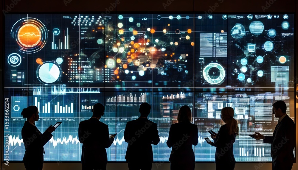 Aufkleber team analyzing data on a large interactive display.