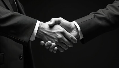 Business handshake black white image. Professional men in suits making deal. Corporate partnership, trust, agreement. Businessmen shaking hands to seal contract. Teamwork concept, collaboration.