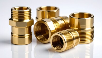 Brass plumbing pipe fittings on white.