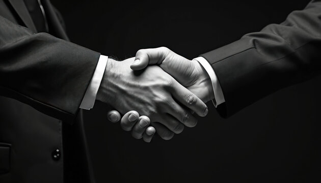 Business handshake black white image. Professional men in suits making deal. Corporate partnership, trust, agreement. Businessmen shaking hands to seal contract. Teamwork concept, collaboration.