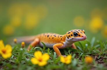 Fototapeta premium Leopard gecko on the grass with yellow flowers. Orange lizard reptile with black spots. Macro photo animal. Wild life in nature. Exotic pet gecko with big eyes.