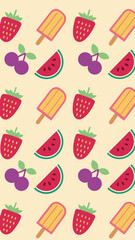 Summer fruit pattern featuring strawberries watermelon cherries and popsicles on transparency