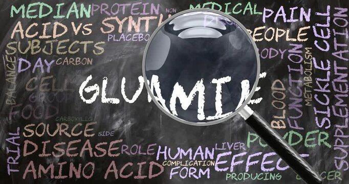 Glutamine being studied, examined - under close inspection. Most important subjects and ideas closely related to glutamine written on a blackboard inspected by a magnifying glass. Can be looped
