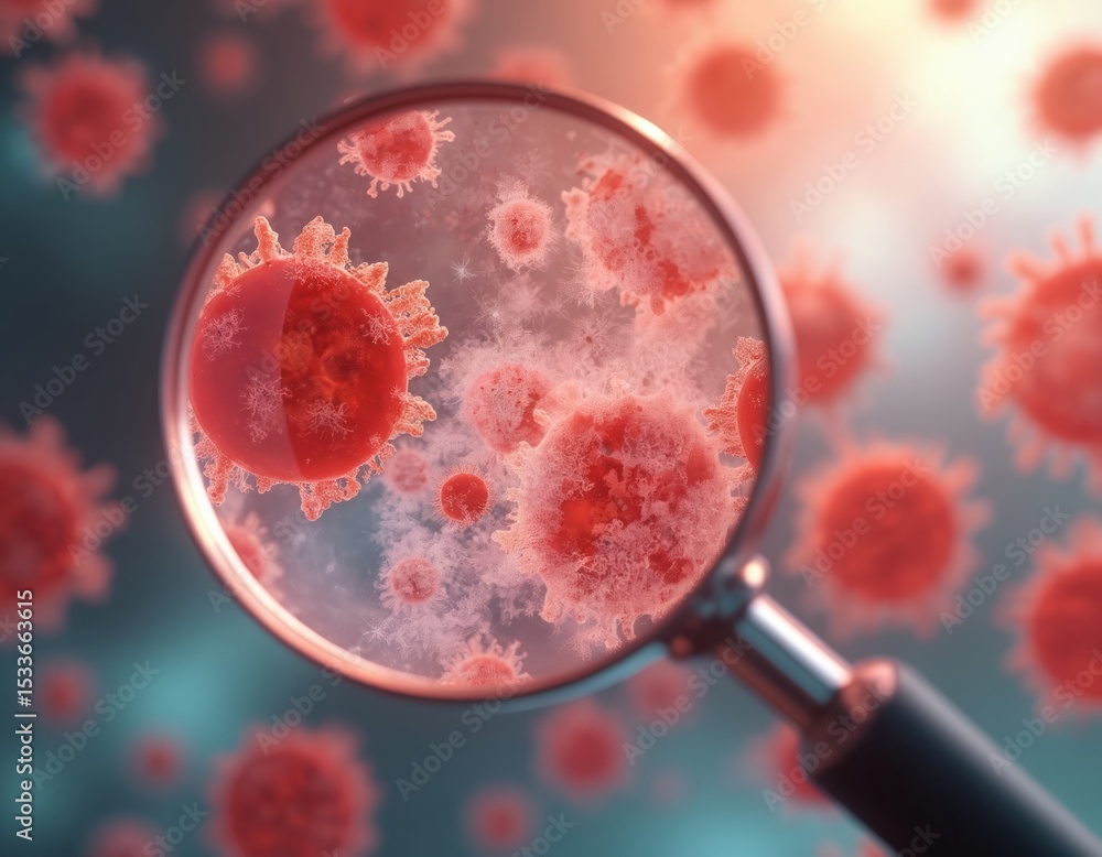 Poster microscopic illustration of virus cells with magnifying glass. red cells on blurred background highl