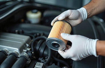 Mechanic replaces car oil filter with new one. Automotive maintenance concept. Car engine repair, service, lubrication. Auto part replacement, vehicle care at auto shop, workshop. Check oil filter