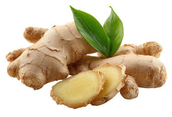 Fototapeta premium Fresh Ginger Root with Slices and Leaves on Transparent Background