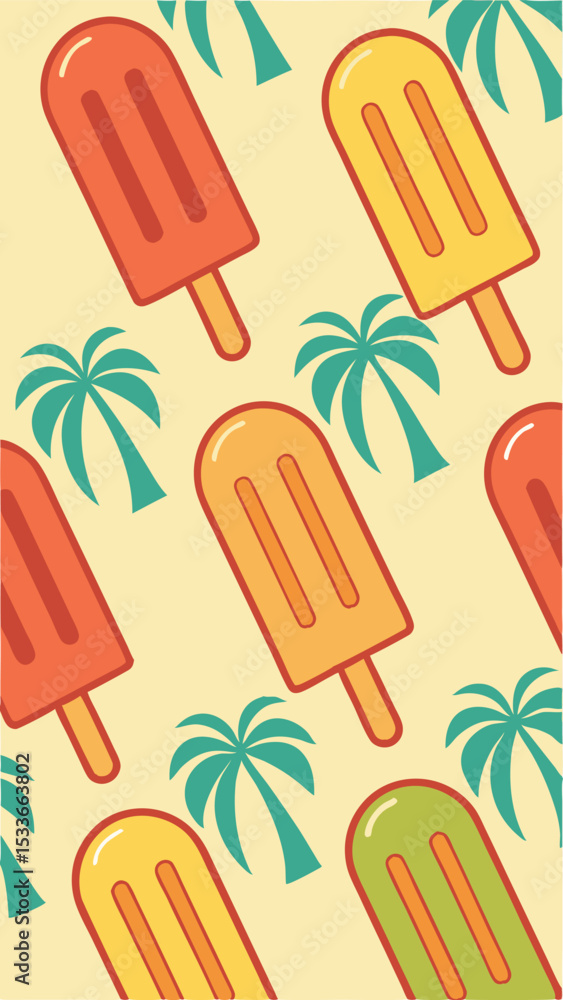 Poster summer pattern of colorful popsicles and palm trees seamlessly arranged on background