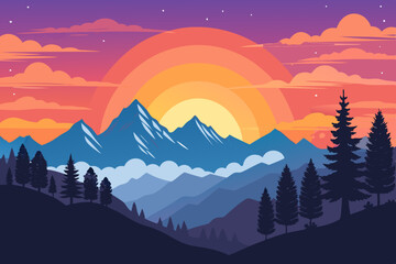 Vibrant, stylized sunset hues paint the sky above a majestic alpine mountain range.  Digital painting, surreal, dramatic lighting. © takasan
