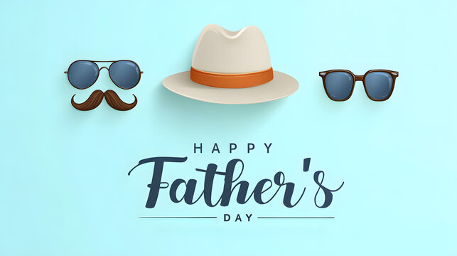 Festive Happy Father's Day Background with Hat, Sunglasses, and Mustache. Pastel Blue Background, Vector Illustration for Poster or Banner Template.