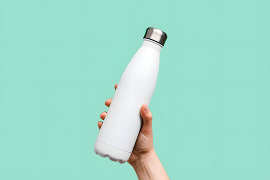 Hand holding a sleek white water bottle against a turquoise backdrop