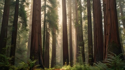Obraz premium Majestic Redwood Trees in Morning Forest Light