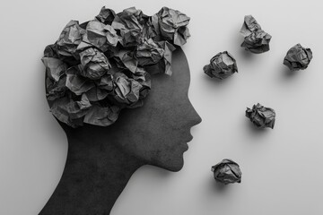 Silhouette head with crumpled paper, signifying mental clutter