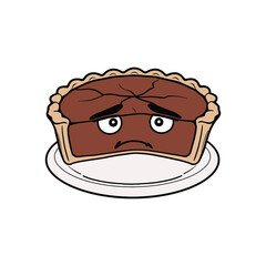 Sad chocolate pie character with a cracked top and worried facial expression a funny cartoon dessert vector illustration for expressing emotions