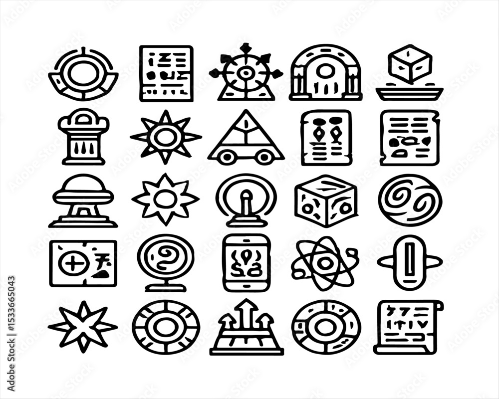 Poster a set of various geometric and abstract icons related to technology and design. the icons are clean 