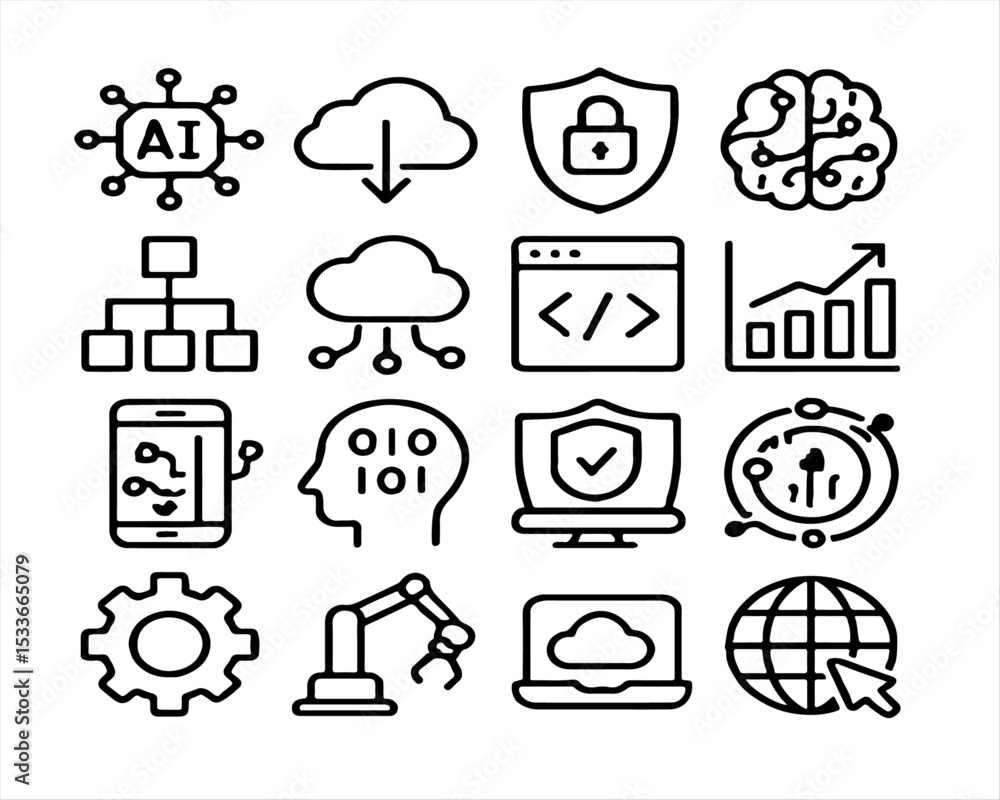 Poster an array of modern technological and ai related icons, designed with precision and minimalism