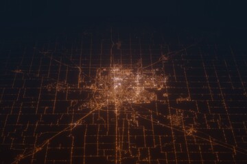 Aerial shot of Bloomington (Illinois, USA) at night, view from south. Imitation of satellite view on modern city with street lights and glow effect. 3d render