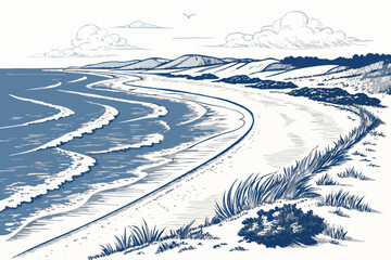 Create a bold, vector illustration of a long, winding shoreline with dramatic, thick strokes.  Include detailed texture.