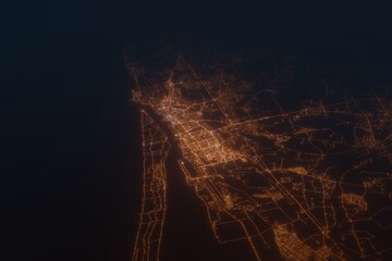 Aerial shot of Klaipeda (Lithuania) at night, view from south. Imitation of satellite view on modern city with street lights and glow effect. 3d render