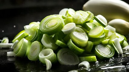 Chopped leeks in motion splash, showcasing layered rings and moist texture under precise lighting on black - Powered by Adobe