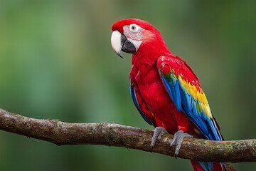 Obraz premium Colorful Tropical Parrot Perched on Branch in Lush Rainforest Setting