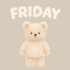 Cute Bear in Sweater – Friday Themed Pastel Illustration.A soft pastel illustration of an adorable teddy bear wearing a heart-decorated sweater.
