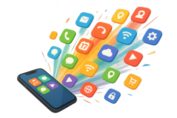 Phone displaying multiple apps isolated on transparent background