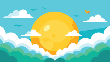 Sunny day scene with sun clouds and birds illustration with a bright sky