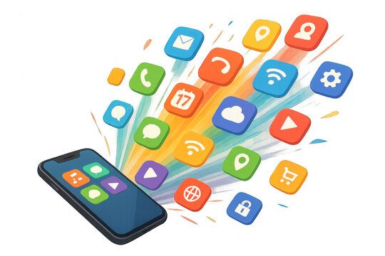 Phone displaying multiple apps isolated on transparent background