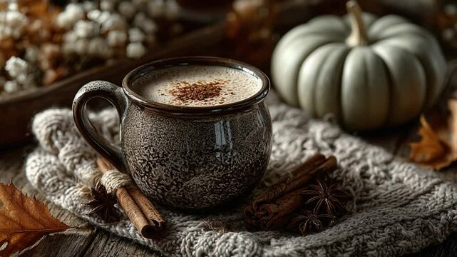 Cozy autumn scene with a mug of pumpkin spice latte and pumpkins
