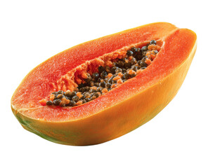 Half Cut Papaya Fruit with Seeds Close Up on Transparent Background