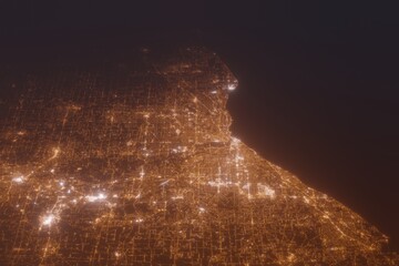 Aerial shot on Cleveland (Ohio, USA) at night, view from east. Imitation of satellite view on modern city with street lights and glow effect. 3d render