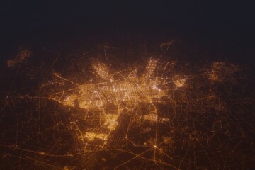 Aerial shot on Lodz (Poland) at night, view from east. Imitation of satellite view on modern city with street lights and glow effect. 3d render