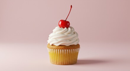Single vanilla cupcake topped with whipped cream and cherry