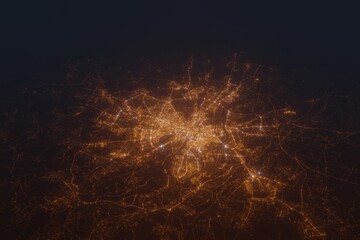 Aerial shot on Wroclaw (Poland) at night, view from east. Imitation of satellite view on modern city with street lights and glow effect. 3d render