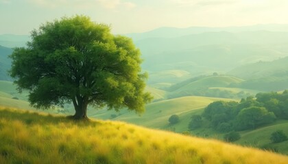 Fototapeta premium Tranquil scenery of hilly landscape with majestic tree. Green grass meadow, rolling hills, mountains in background. Natural beauty. Peaceful vibe. Ideal for travel blogs, eco-friendly, nature,
