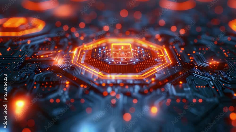 Poster futuristic circuit board glowing with orange light. detailed high tech electronic components with il
