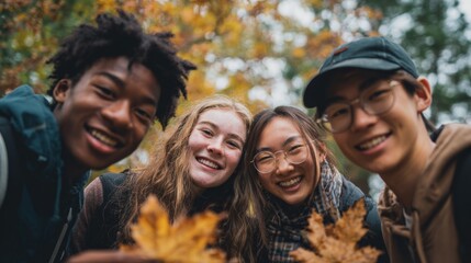 Group of young friends students smiling while holding autumn leaves outdoors  