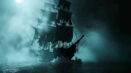 Ghost ship sailing on dark ocean at night. Mysterious sailing ship in fog and moonlight. Ghost ship image for Halloween decorations or spooky game design. - Powered by Adobe