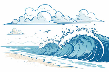 Create a bold, vector illustration of a beach horizon at sunset, featuring a thick, stylized stroke.  Include subtle wave details.