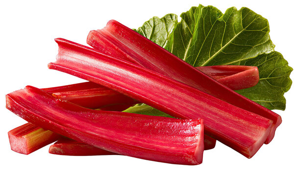 Freshly Cut Rhubarb Stalks with Leafy Greens on transparent background