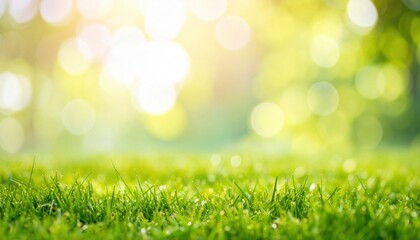 Fototapeta premium Morning bliss dew-kissed grass in nature's embrace tranquil sunlit environment close-up view