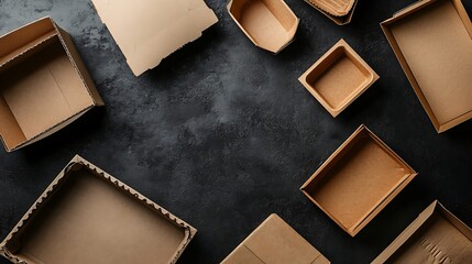 Collection of brown kraft paper food containers, including boxes with foldable lids and open trays, set against a clean white backdrop. Space for text placement.