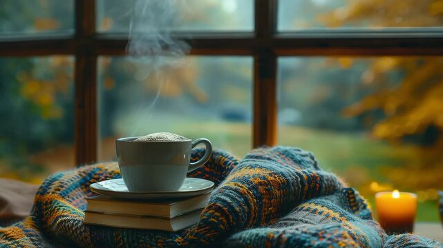 Cozy autumn scene with steaming cup of coffee on books and warm sweater near window. Autumn relaxation includes hot beverage, comfortable sweater, and books.